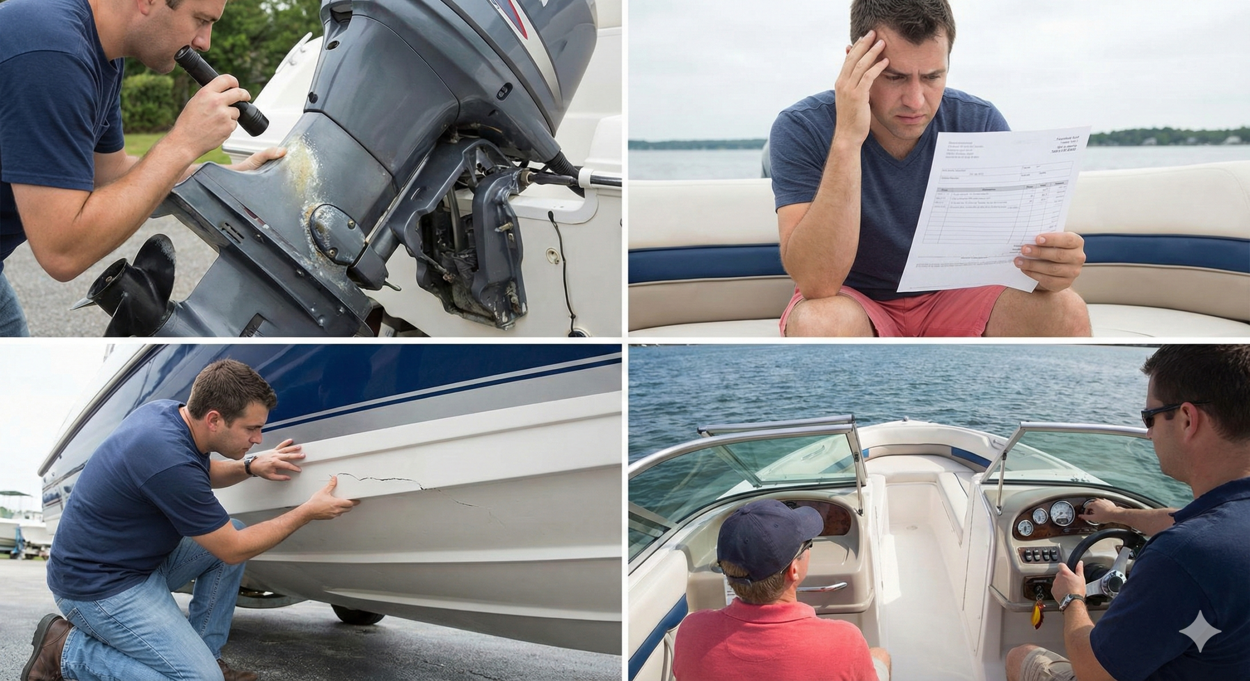 「エンジンの状態が命！」、「中古ボート購入で失敗する人の共通点」、「ハル（船体）のコンディションから判断する寿命」