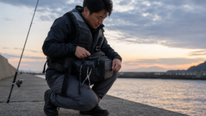 夕暮れの港でライフジャケットと釣りバッグの安全確認をする日本人アングラー