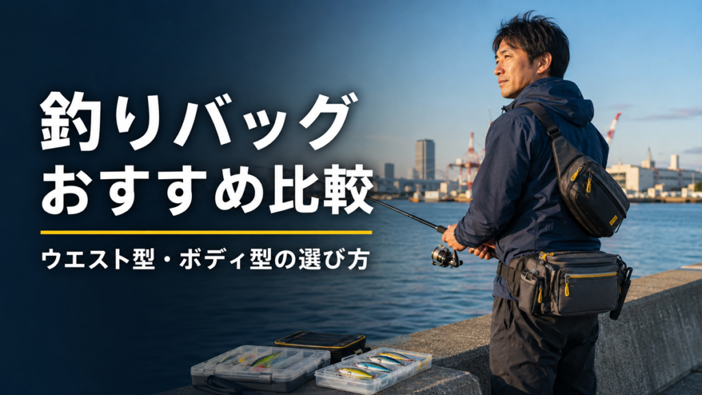 名古屋港の岸辺でウエストバッグとボディバッグを着用し、釣りバッグを比較する男性釣り人