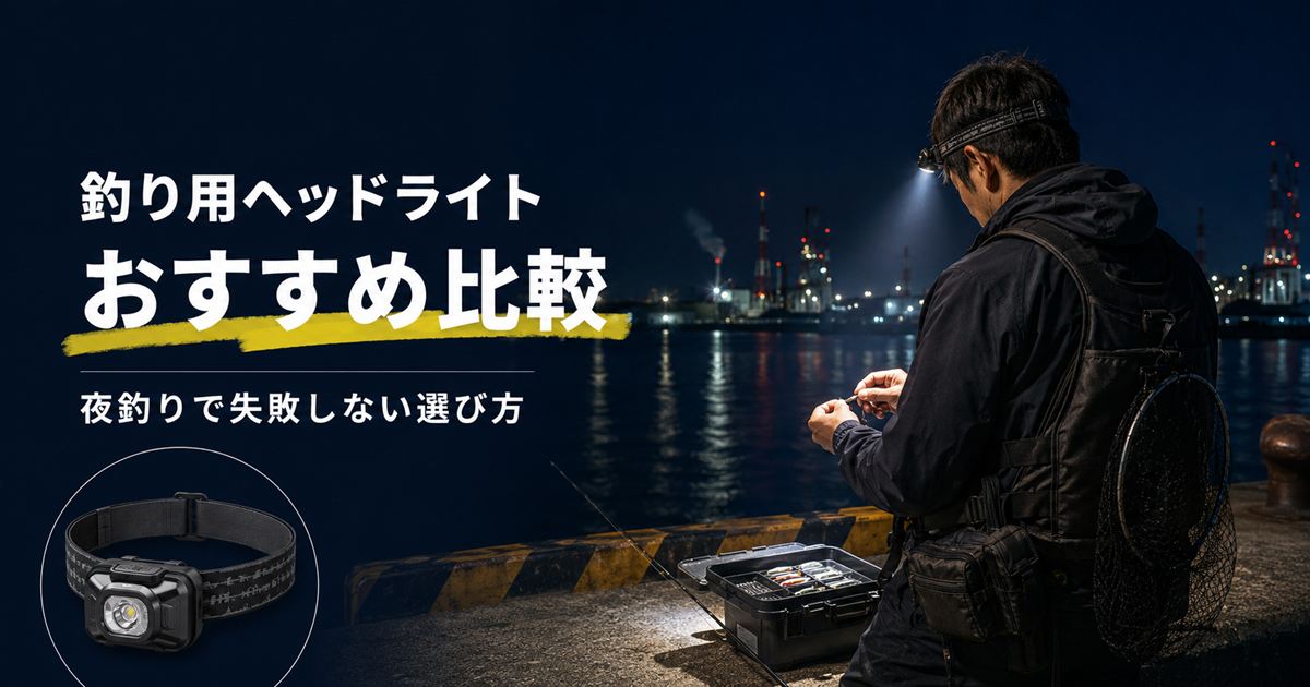 夜の港でヘッドライトを着けて仕掛けを準備する釣り人と、釣り用ヘッドライトおすすめ比較の文字