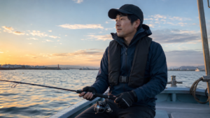 船釣りでライフジャケットを着用して釣りをする日本人男性