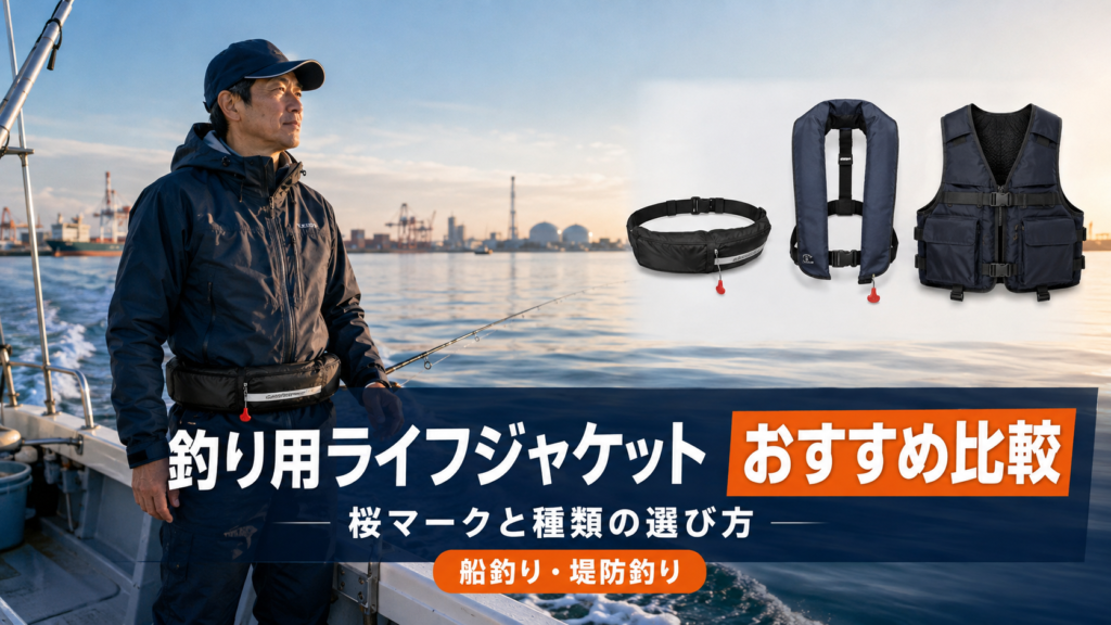 名古屋港を背景に、腰巻き・肩掛け・ベスト型の釣り用ライフジャケットを比較する船釣りのアイキャッチ画像