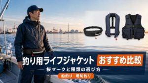 名古屋港を背景に、腰巻き・肩掛け・ベスト型の釣り用ライフジャケットを比較する船釣りのアイキャッチ画像