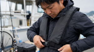 朝夕の柔らかな光が差す海上で、日本人男性の釣り人が小型船に乗り、肩掛けタイプのライフジャケットを着用して釣りをしている場面です。釣り竿とリールを持ち、背景には港や海岸線が見えます。