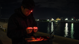 夜釣りで赤色灯のヘッドライトを使い仕掛けを結ぶ日本人の釣り人