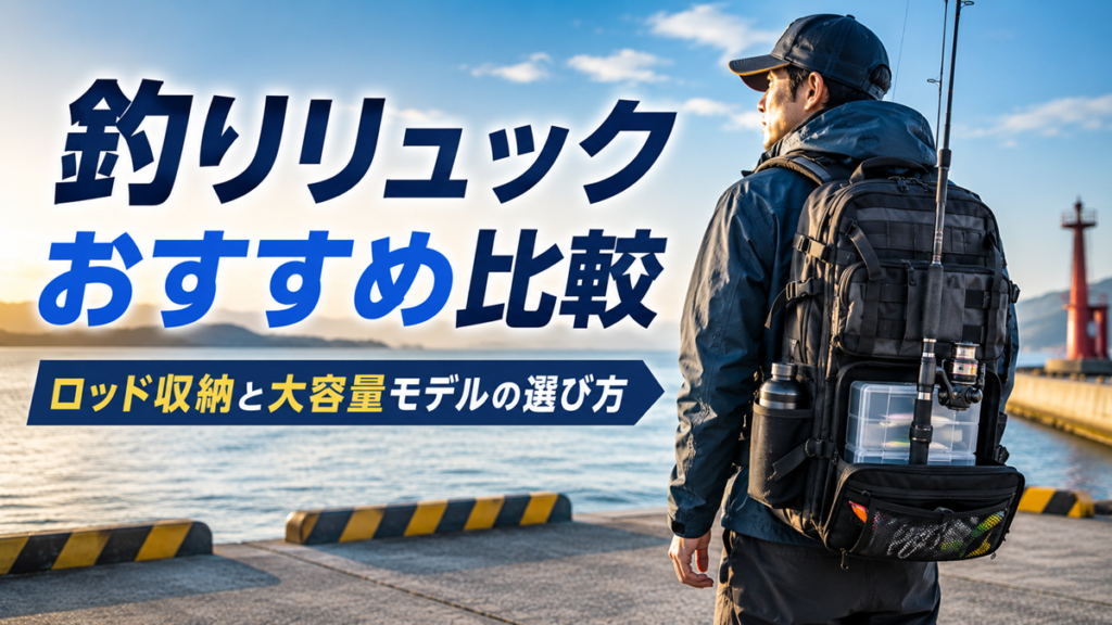 港の堤防でロッドホルダー付きの大容量釣りリュックを背負う釣り人。釣りリュックのおすすめ比較とロッド収納の選び方を紹介