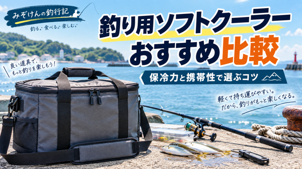 釣り場の海辺に置かれたソフトクーラーバッグと釣り竿、釣った魚を背景に、「釣り用ソフトクーラーおすすめ比較｜保冷力と携帯性で選ぶコツ」と紹介するアイキャッチ画像
