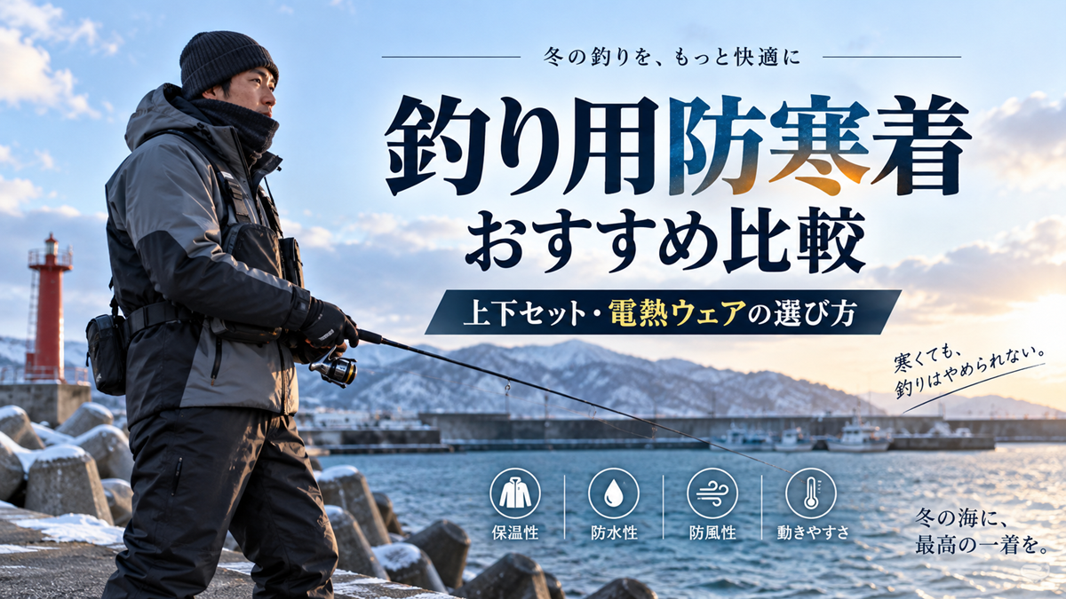 冬の海辺で防寒着を着て釣りをする男性と、保温性・防水性・防風性・動きやすさを示した釣り用防寒着おすすめ比較のアイキャッチ画像
