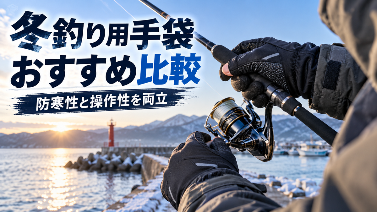 冬の海辺で防寒フィッシンググローブを着用し、スピニングリール付きの釣り竿を操作する釣り人。