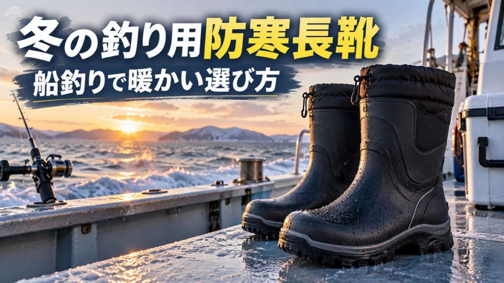 冬の船釣りのデッキに置かれた防寒長靴と釣り竿。冬の釣り用防寒長靴の選び方を紹介するイメージ