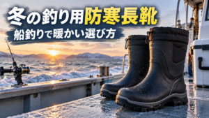 冬の船釣りのデッキに置かれた防寒長靴と釣り竿。冬の釣り用防寒長靴の選び方を紹介するイメージ