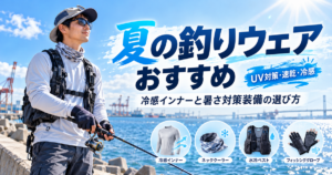 夏の釣りウェアおすすめを紹介する画像。名古屋港を背景に、UVカット長袖シャツを着た釣り人と冷感インナー、ネッククーラー、水冷ベスト、フィッシンググローブを掲載。